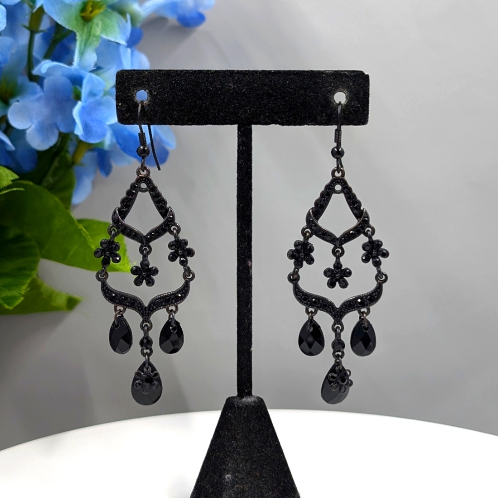 Black Crystal Floral Design Chandelier Style Vintage Earrings